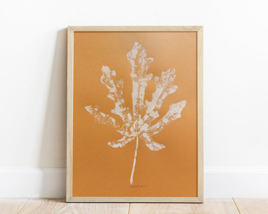 Orange fig beige leaf art original Nature lover gift Plant monotype print Modern textured wall printmaking relief artwork Bedroom decor living room mono farmhouse one of kind rustic New first home minimalist simple farm kitchen dining