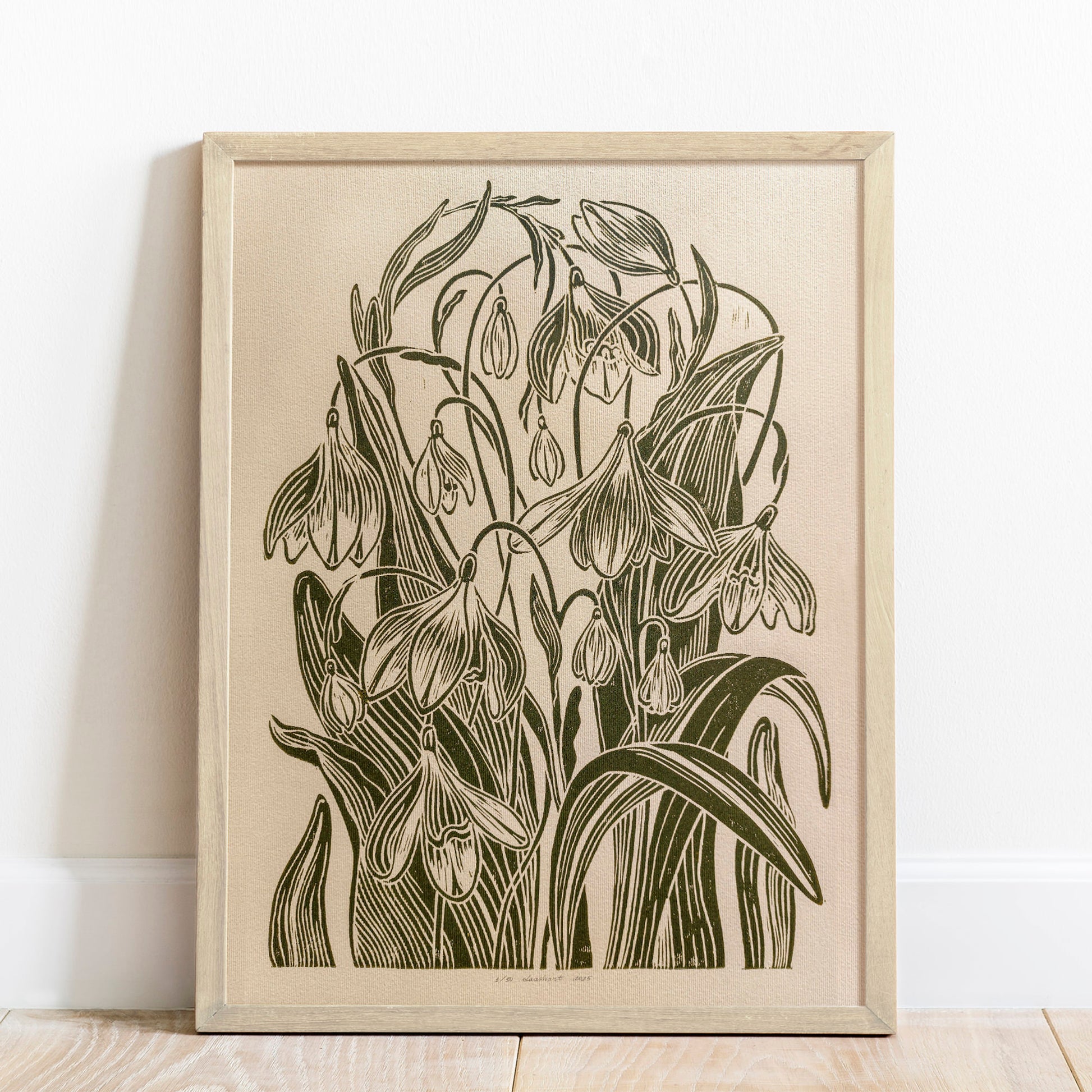 Bige and Green Linocut Print Snowdrop Flowers Lino Print Spring Original Artwork Unique Handmade Spring Wall Decor Floral Linocut Art Cozy Spring Decor Art Housewarming gift New home gift Entryway Living room Modern kitchen wall art decor Nature Plant lover gift