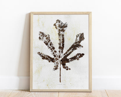 Emerald green and beige vintage textured fig leaf Monotype print