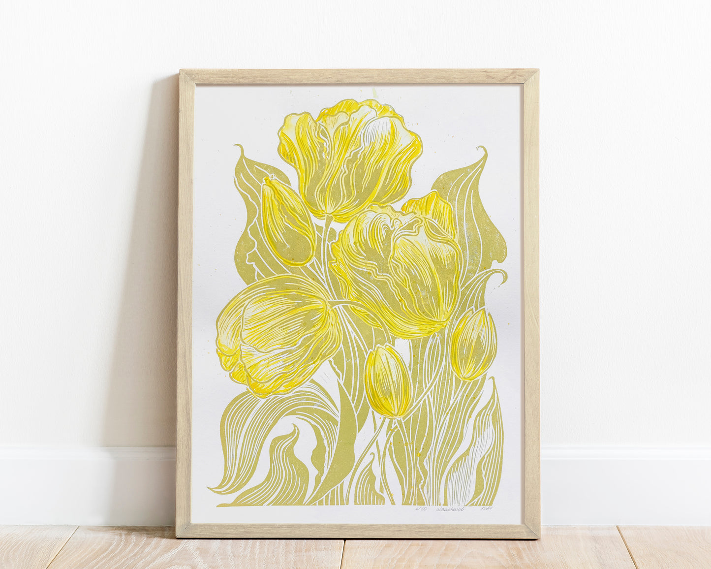 Watercolor purple tulips flowers Green plant Botanical linocut print