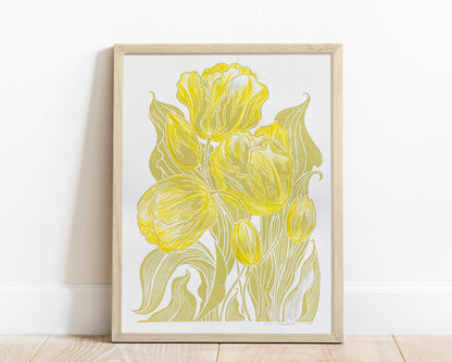 Watercolor purple tulips flowers Green plant Botanical linocut print