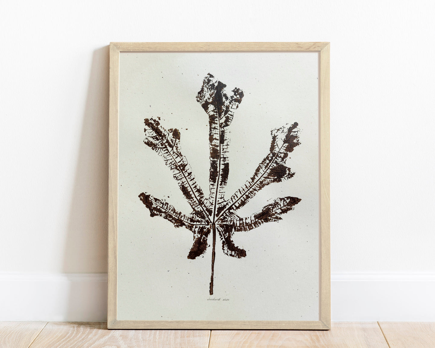 Brown vintage textured fig leaf and Gold paper Monotype print