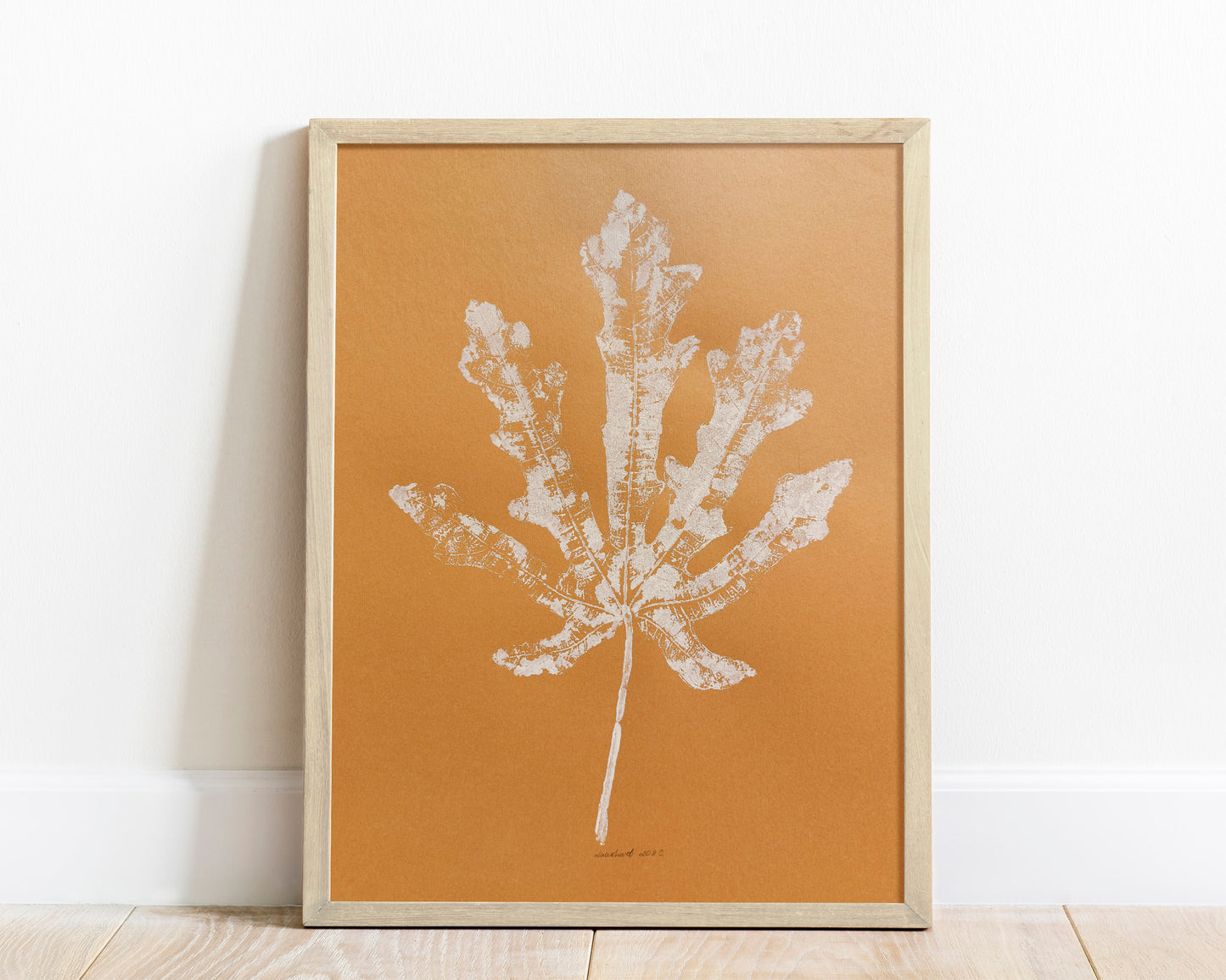 Brown vintage textured fig leaf and Gold paper Monotype print