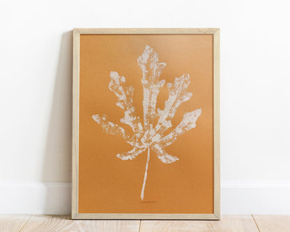 Brown vintage textured fig leaf and Gold paper Monotype print