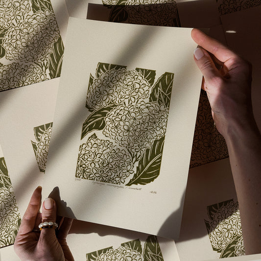 Beige botanical lino hydrangea flowers linocut print sage green color retro cottagecore original artwork vintage kitchen art entryway wall mother gift ideas gift for wife rustic linogravure relief printmaking reading nook decor old world quiet luxury european self gift floral handprint bedside above bed grandmother nature home office hostess monoprint farmhouse bedroom sister hallway farm sister mom new apartment godmother dining Entryway Earth Tones housewarming staircase living room Engraving