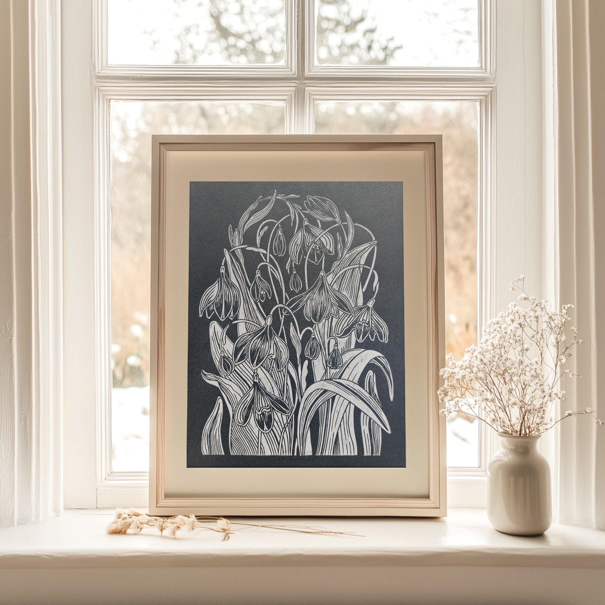 Gray and white Linocut Print Snowdrop Flowers Lino Print Spring Original Artwork Unique Handmade Spring Wall Decor Floral Linocut Art Cozy Spring Decor Art Housewarming gift New home gift Entryway Living room Modern kitchen wall art decor Nature Plant lover gift