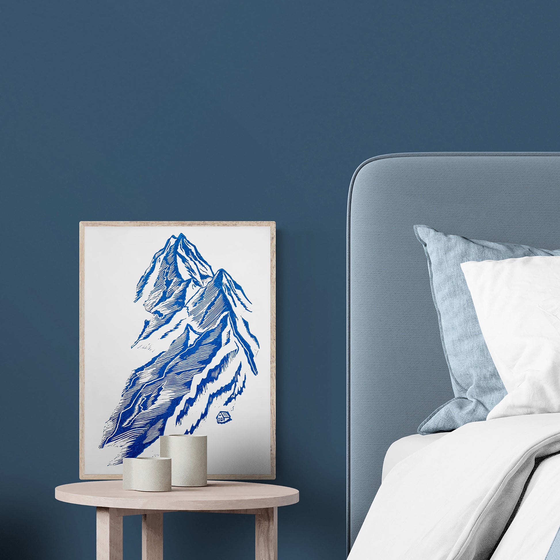 Blue mountain with house Linocut print Wall art hanging decor, living room wall art minimalist, Living room wall art, laundry room decor, kitchen wall art, Housewarming gift, hostess gift, home gift unique, heirloom gift, handmade gift for women, handmade gift for the home, grandmother gift, grandma gift, going away gift for coworker, godparent gift