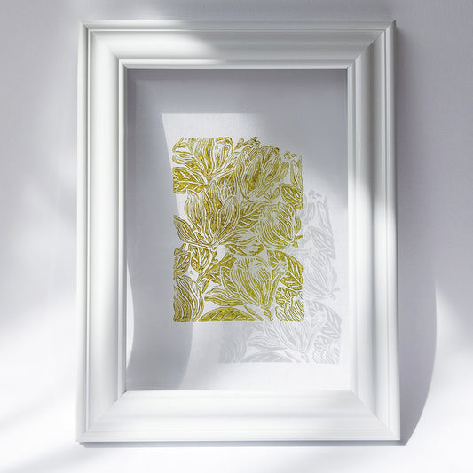 retro cottagecore magnolia flowers linocut print flexible plexiglass relief monoprint sage green color floral lino original artwork window nook decor mother gift ideas rustic linogravure study room wall art laundry room retro handprint hallway coworker gift above bed reading nook grandmother gift self nature present staircase home hostess farmhouse kitchen block bedroom sister botanical printmaking farm sister mom mother new apartment godmother wife woman dining Entryway housewarming living room