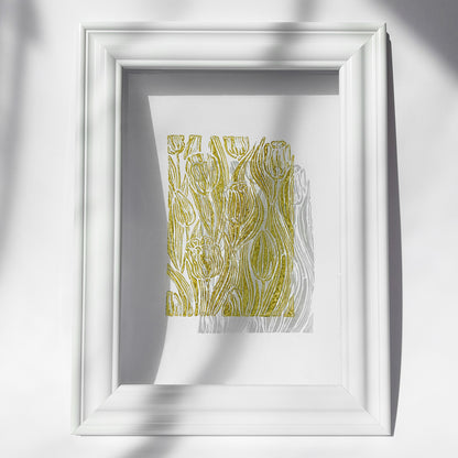 unique retro cottagecore tulip flower nature linocut print flexible plexiglass relief monoprint sage green color floral lino original artwork window nook decor grandmother gift rustic linogravure above bed wall art staircase one of a kind mother study room aundry room handprint hallway coworker reading nook self home hostess farmhouse kitchen block bedroom sister botanical printmaking farm sister mom mother new apartment godmother wife woman dining Entryway housewarming living room
