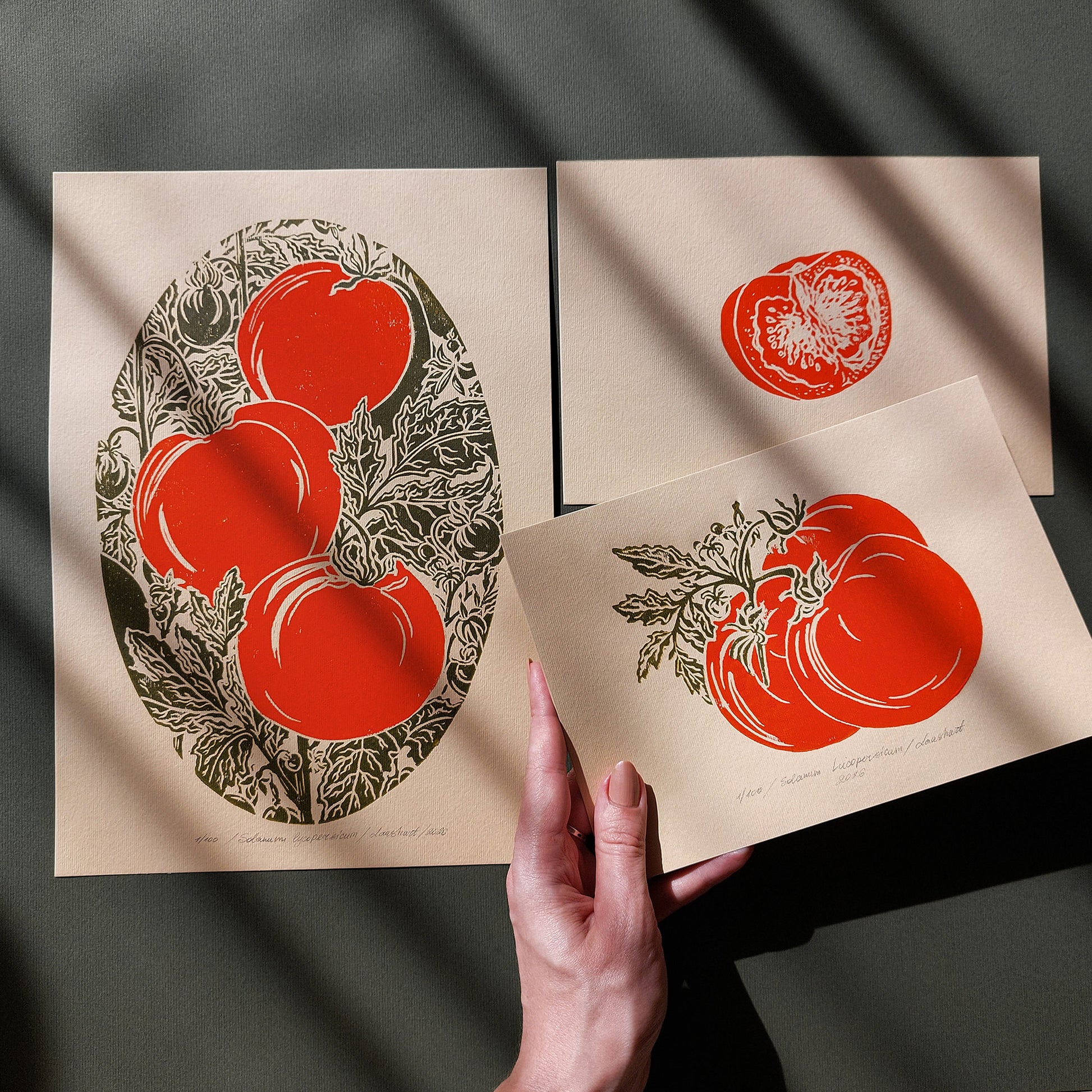 Red sage green vintage cottagecore tomatoes berry farmhouse kitchen nature linocut print mini gallery wall set of 3 piece dining room decor botanical lino original artwork berries slice quiet luxury rustic linogravure laundry wall decor retro garden harvest pantry hostess gift relief handprint country cottage wall hanging A5 A4 block printmaking hand carved unique gift ideas plant moody farm chateaucore summer dorm shelf entryway new housewarming engraving etching old world european countryside