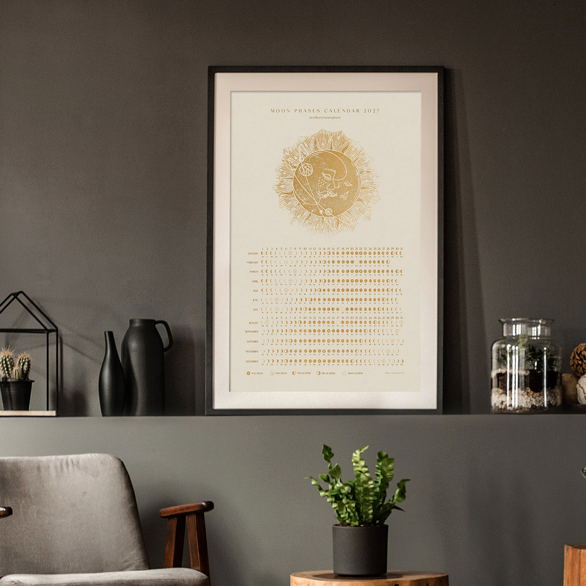 2027 moon phases lunar phases chart printable calendar retro beige gold kiss moon sun linocut prints whimsical home office decor digital poster INSTANT DOWNLOAD living room wall art rustic linogravure mystical lino primary bedroom lunar new year girlfriend gift gold glamoratti download boho bohemian christmas illustrated workspace coworker new apartment modern xmas teacher housewarming homeowner friend downloadable wall hanging mother grandmother sister self wife women hostess girlfriend