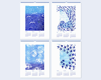Printable illustrated calendar 2024 Blue ocean waves and fish Sky clouds and blue birds linocut and monotype prints for living room, bedroom or bathroom, wall calendar