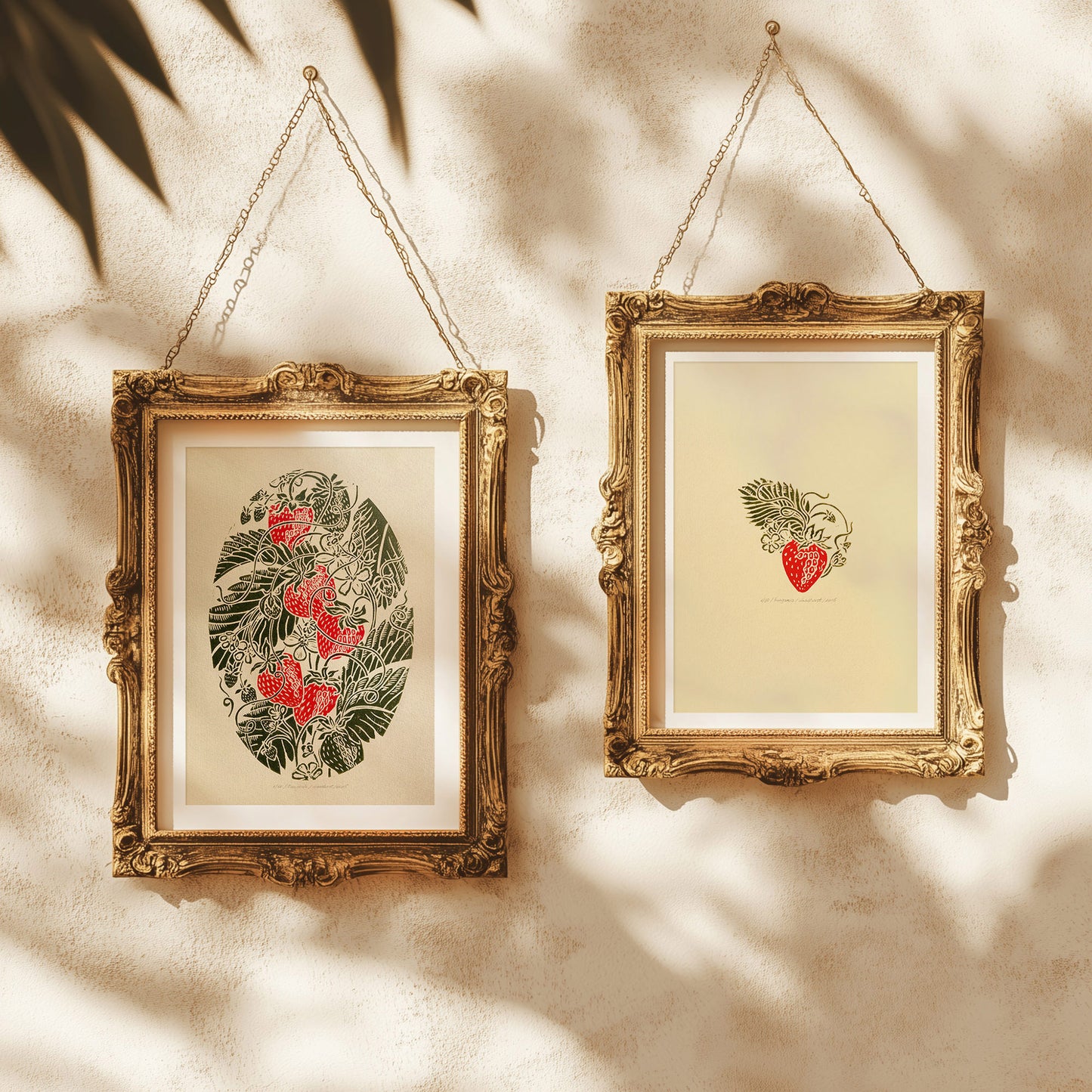 Red beige sage green dining nook vintage fruits strawberries berries nature linocut print gallery wall set of 2 piece retro kitchen botanical lino original artwork cottagecore wall art study room decor relief handprint rustic linogravure botanical nature lover gift hostess block printmaking hand carved unique ideas plant dopamine eclectic aesthetic chic moody girly hanging farm chateaucore spring summer bedroom living room dorm above bed entryway home office new housewarming staircase breakfast