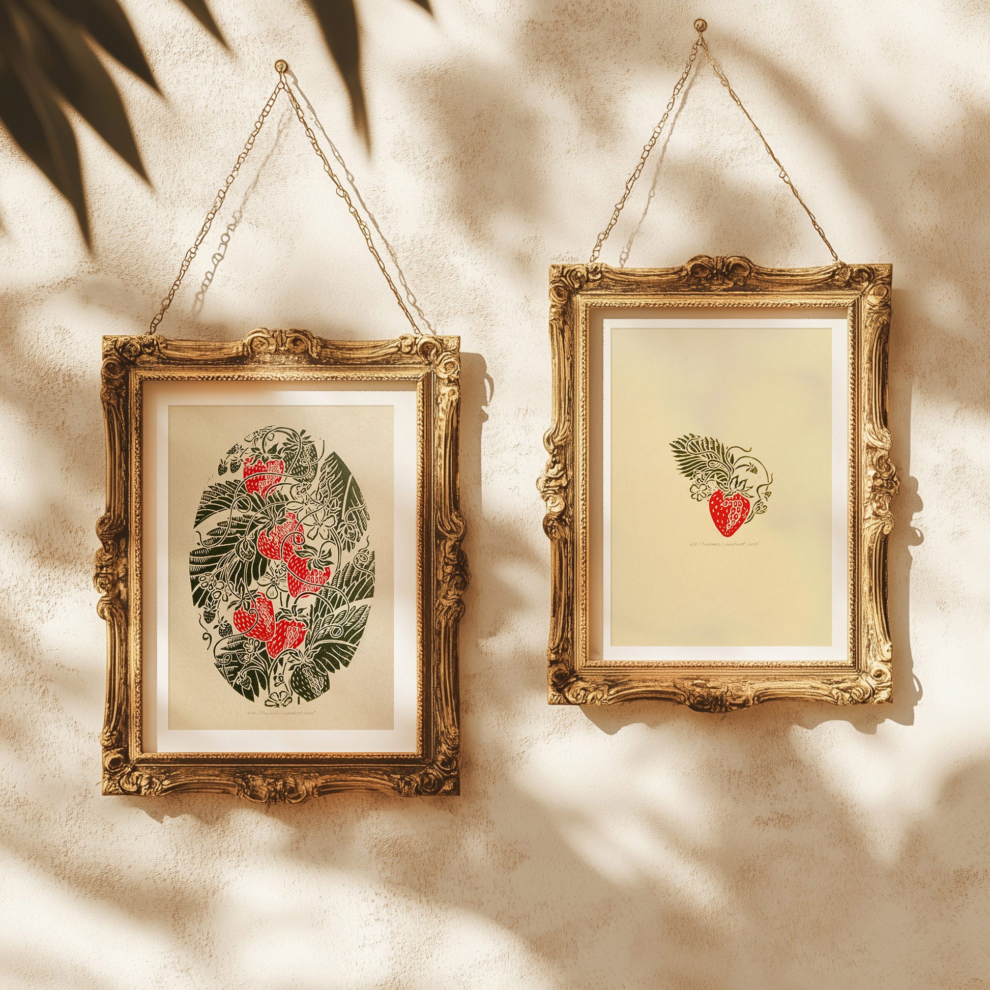 Red beige sage green dining nook vintage fruits strawberries berries nature linocut print gallery wall set of 2 piece retro kitchen botanical lino original artwork cottagecore wall art study room decor relief handprint rustic linogravure botanical nature lover gift hostess block printmaking hand carved unique ideas plant dopamine eclectic aesthetic chic moody girly hanging farm chateaucore spring summer bedroom living room dorm above bed entryway home office new housewarming staircase breakfast