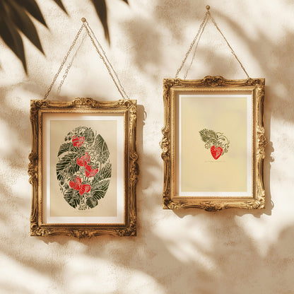 Red beige sage green dining nook vintage fruits strawberries berries nature linocut print gallery wall set of 2 piece retro kitchen botanical lino original artwork cottagecore wall art study room decor relief handprint rustic linogravure botanical nature lover gift hostess block printmaking hand carved unique ideas plant dopamine eclectic aesthetic chic moody girly hanging farm chateaucore spring summer bedroom living room dorm above bed entryway home office new housewarming staircase breakfast