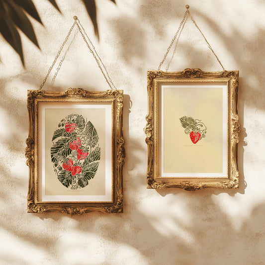 Red beige sage green dining nook vintage fruits strawberries berries nature linocut print gallery wall set of 2 piece retro kitchen botanical lino original artwork cottagecore wall art study room decor relief handprint rustic linogravure botanical nature lover gift hostess block printmaking hand carved unique ideas plant dopamine eclectic aesthetic chic moody girly hanging farm chateaucore spring summer bedroom living room dorm above bed entryway home office new housewarming staircase breakfast