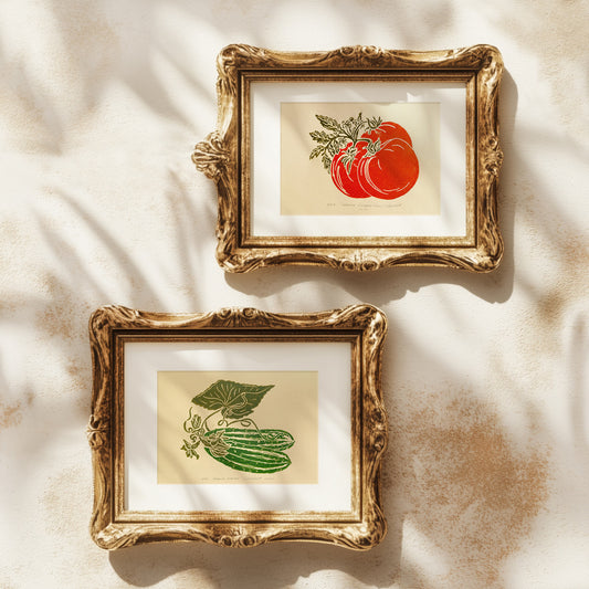Sage green red gallery wall set of 2 pieces vintage cottagecore tomato cucumber linocut print botanical lino  retro kitchen dining room breakfast nook farmhouse wall decor original artwork thoughtful mom gift rustic linogravure pantry hostess thank you gift relief printmaking fall her beige garden harvest cook mom present nature farm heirloom home self plant lover grandmother housewarming wife girlfriend sister godmother hallway entryway handmade unique Xmas dopamine new beginnings staircase