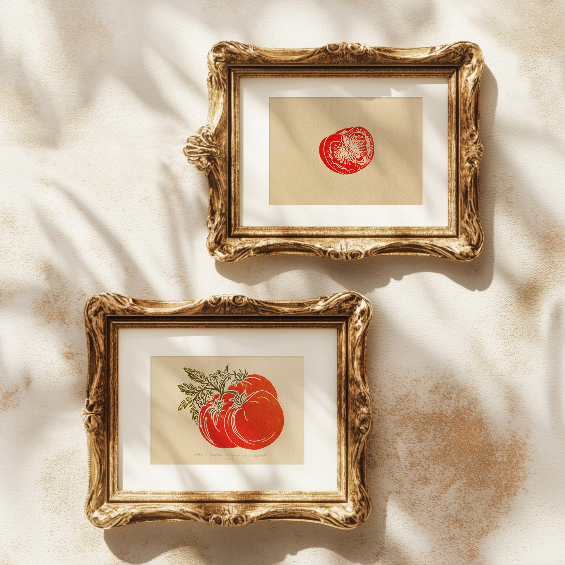 Red sage green beige vintage cottagecore tomato vegetable rustic linocut print retro kitchen dning room decor botanical lino garden harvest pantry original artwork gift for cook mom present nature linogravure farm gallery wall set of 2 
Linoleum print, retro dining area, Linogravure, herb botanical, Linocut print, light academia wall art, Lino print, laundry room, rustic botanical, guest bathroom, cozy corner, breakfast nook decor, above dining table, PRINTMAKING INTELLECTUAL AESTHETICS, headboard, etching