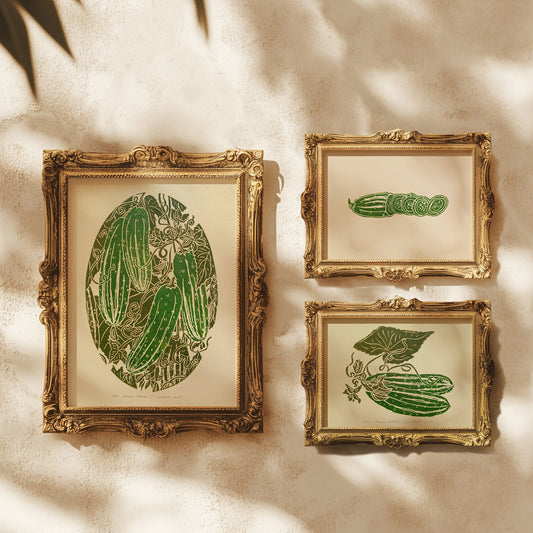 Sage green gallery wall set of 3 pieces vintage cottagecore cucumber vegetable linocut print retro kitchen dining room original artwork botanical lino nana christmas gift rustic linogravure pantry wall decor breakfast nook relief handprint botanical nature lover gift hostess block printmaking unique ideas plant dopamine eclectic moody hanging farm summer bedroom living room dorm above bed entryway home office new housewarming staircase hallway coffee corner beginnings gift xmas christmas gift