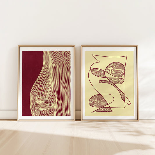 trendy 2026 palette gallery wall set burgundy red cherry butter yellow color relaxing abstract contemporary lines set of 2 peice printable wall art master bedroom mid century modern home office decor aesthetic prints digital poster powder room above bed she shed gifts meditation texture minimalist reading nook apartment downloadable yoga studio instant download laundry wellness home therapist geometric organic zen living entryway spa hallway staircase her sister mom mother him man mindfulness