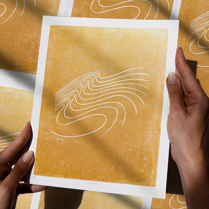 Gold wabi sabi wall art abstract lines mountains shadow waves water lover 8x10 inches mini landscape print modern linocut minimalist lino european countryside original artwork entryway decor relief handprint minimal linogravure gifts for hikers warm neutral gift coworker classical style primary master bedroom mid century modern mindful printmaking home bohemian contemporary living block geometric eclectic scandinavian trendy aesthetic above bed apartment housewarming dining dorm entryway laundry mom mother