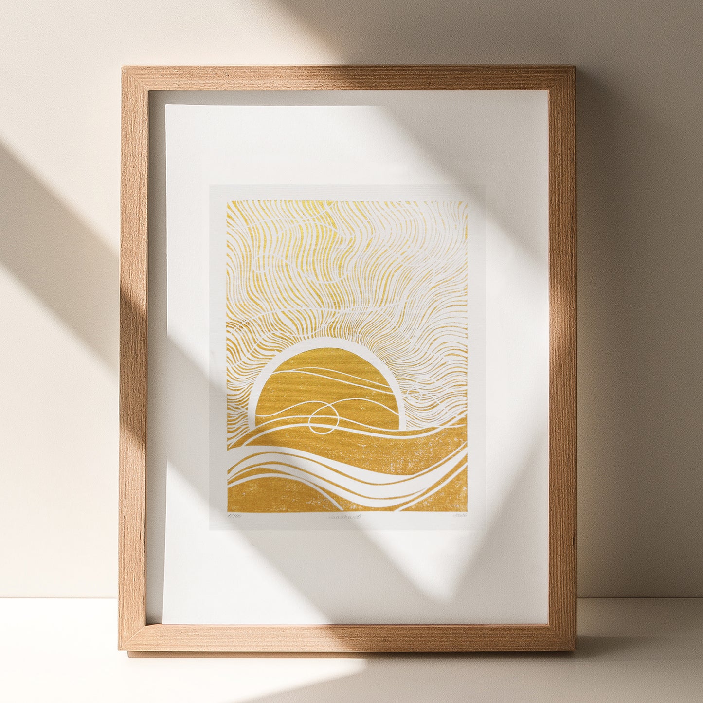 gold boho sun 8x10 inches sunset desert landscape linocut print original artwork living room wall art master bedroom reading nook decor new home newlywed gift rustic linogravure modern lino waves mid century modern mindful rising sun minimalist printmaking bohemian abstract lines contemporary relief handprint geometric unique dopamine eclectic scandinavian trendy aesthetic above bed man cave apartment housewarming dining room dorm entryway laundry office hostess mom mother fall thanksgiving