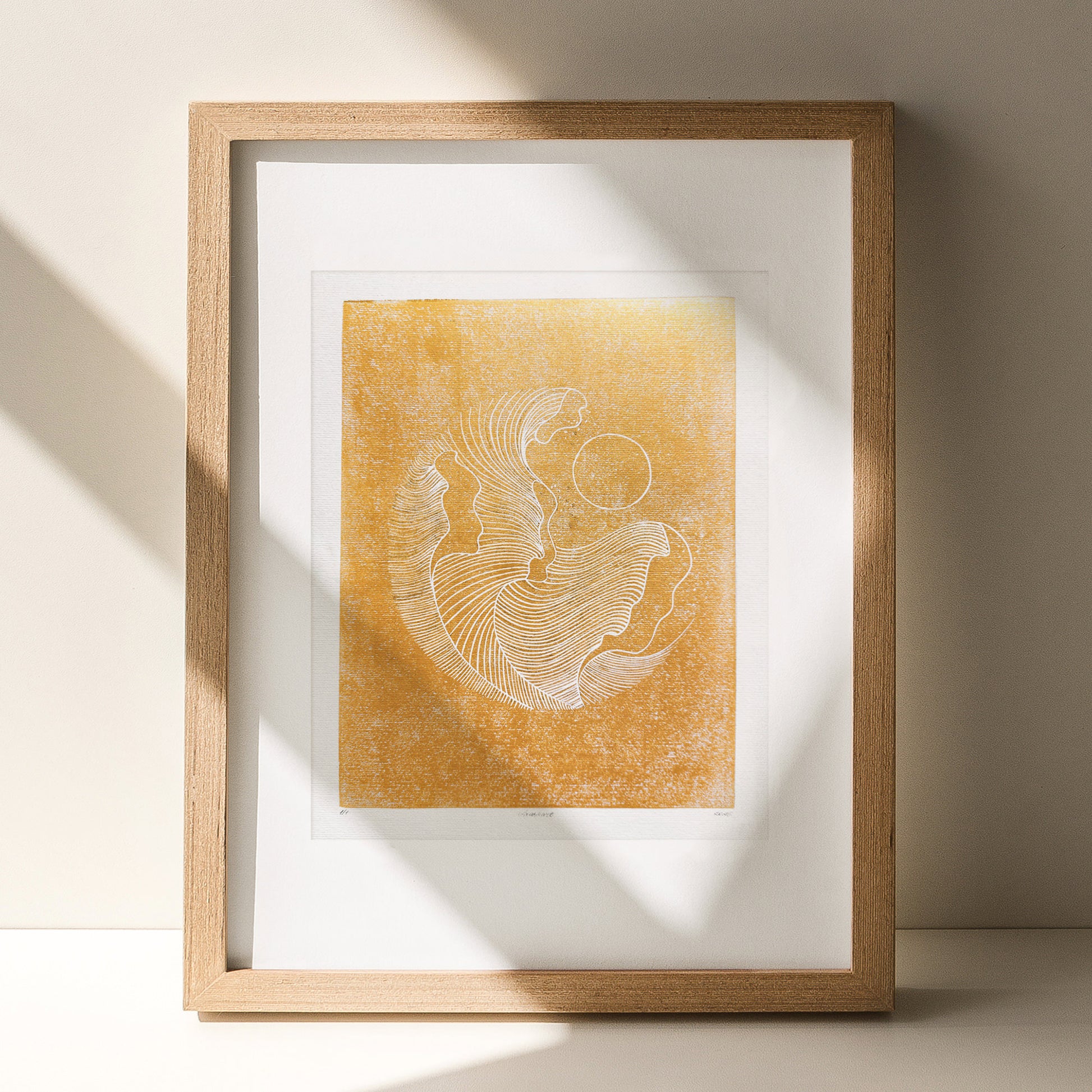 Gold abstract lines ocean waves 8x10 inches mini landscape linocut print minimalist lino art european countryside original artwork hampton wall organic modern linogravure contemporary lines home office decor wabi sabi entryway relief handprint minimal gifts for hikers warm neutral for coworker classical style primary master bedroom mid century modern mindful printmaking home living block geometric scandinavian aesthetic above bed apartment housewarming dining dorm entryway laundry mom mother