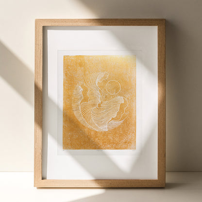 Gold abstract lines ocean waves 8x10 inches mini landscape linocut print minimalist lino art european countryside original artwork hampton wall organic modern linogravure contemporary lines home office decor wabi sabi entryway relief handprint minimal gifts for hikers warm neutral for coworker classical style primary master bedroom mid century modern mindful printmaking home living block geometric scandinavian aesthetic above bed apartment housewarming dining dorm entryway laundry mom mother