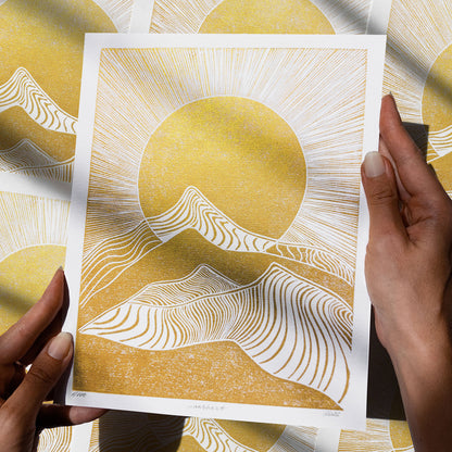gold boho sun abstract mountains 8x10 inches desert landscape linocut print original artwork living room wall art master bedroom home office decor self gift for him for her ideas sunrise lino sunset reading nook new home newlywed gift rustic linogravure modern mid century modern mindful rising sun minimalist printmaking bohemian lines contemporary relief handprint geometric unique dopamine eclectic scandinavian above bed man cave apartment housewarming dorm entryway laundry office mom mother