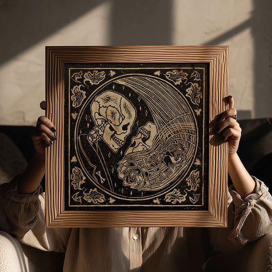 Beige retro black romantic vintage gothic skeleton goth couple printable wall art large linocut dark academia primary bedroom engagement gift digital poster mystical quiet luxury relief lino prints etching linogravure halloween aesthetic Spooky skull goth Valentine’s Day Anniversary Couples Gift Him Gift Her Alternative Wedding Living Room Moody Studio Loft Man Cave Till Death Do Us Part Macabre downloadable instant boyfriend girlfriend sister brother glamoratti bathroom bedroom focal point