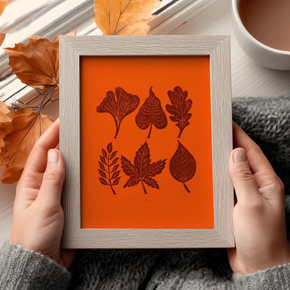 Autumn Orange brown minimalist rustic foraged nature leaves plant printable wall art large linocut prints warm earth tones living room treat yourself digital poster forestcore decor botanical lino linogravure instant download nature lover gift thank you mom handmade bedroom fall aesthetic instant download home office housewarming new home modern downloadable hanging moody kitchen dining dorm laundry above bed mother grandmother sister self wife hostess heirloom girlfriend thank you farmhouse