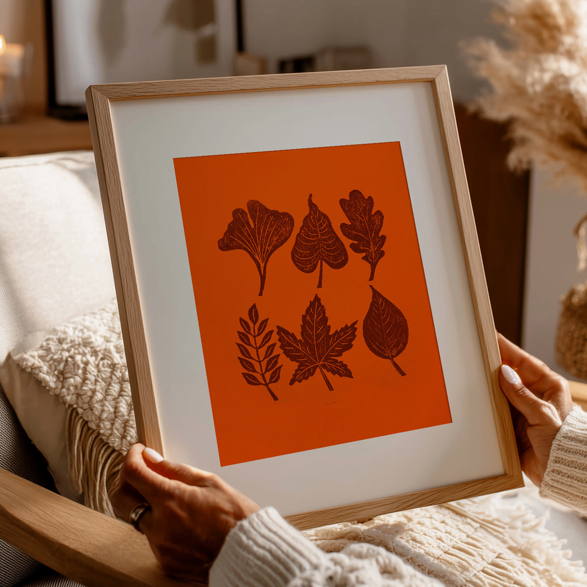 Autumn Orange brown minimalist rustic foraged nature leaves plant printable wall art large linocut prints warm earth tones living room treat yourself digital poster forestcore decor botanical lino linogravure instant download nature lover gift thank you mom handmade bedroom fall aesthetic instant download home office housewarming new home modern downloadable hanging moody kitchen dining dorm laundry above bed mother grandmother sister self wife hostess heirloom girlfriend thank you farmhouse