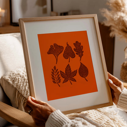 Autumn Orange brown minimalist rustic foraged nature leaves plant printable wall art large linocut prints warm earth tones living room treat yourself digital poster forestcore decor botanical lino linogravure instant download nature lover gift thank you mom handmade bedroom fall aesthetic instant download home office housewarming new home modern downloadable hanging moody kitchen dining dorm laundry above bed mother grandmother sister self wife hostess heirloom girlfriend thank you farmhouse