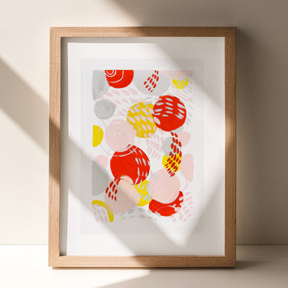Pink yellow red gray affordable fine art modern abstract color therapy gouache painting kids room hallway wall home office one of a kind discounted sale positive energy children room therapist office staircase wall decor new apartment playful nursery mid century baby shower mom mother grandmother godmother sister preppy princess girly girlfriend gift present
primary bedroom above bed bedside headboard art breakfast nook coffee corner above dining table powder room half bath baby nursery toddler