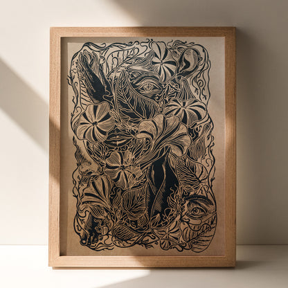 Black craft Cottagecore Body Human Parts Woman Eye Hand Lips Nose Bellflower Linocut Print Original Artwork Color Year 2025 Mocha Mousse Flower Wall Art 
Linogravure, Linocut print, Lino print, flower, wall hanging, unique wall art, trendy, thank you gift, boss, teacher appreciation gift, Summer, Spring wall art, sister in law gift,&nbsp; self gift, rustic wall art, retirement, Relief print, realtor closing gift, Printmaking art, plant lover gift original illustration, original artwork, one of a kind