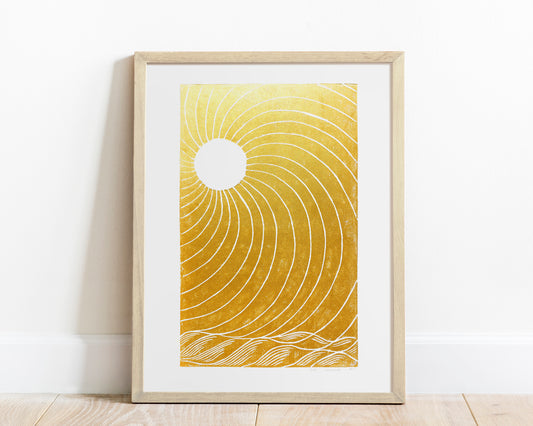 Gold japanese sun and waves Linocut print for New home gift UNFRAMED Housewarming gift New home gift Living room bedroom decor 16x12 Original artwork Classical wall decor