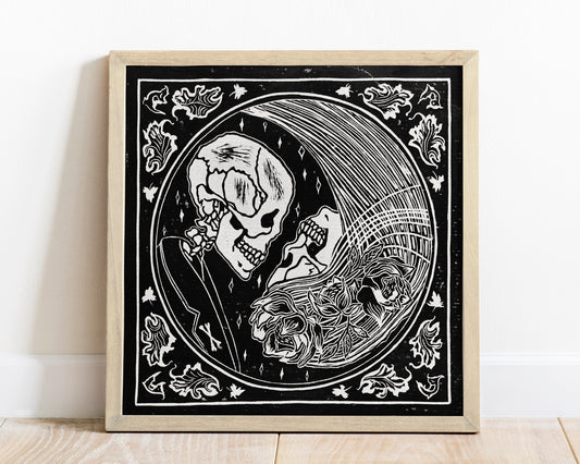 Yin yang eternal love Her and him skull Linocut print for Gothic lover gift UNFRAMED Housewarming gift New home gift Living room or bedroom decor 16x12 Reptile Original artwork Classical wall decor