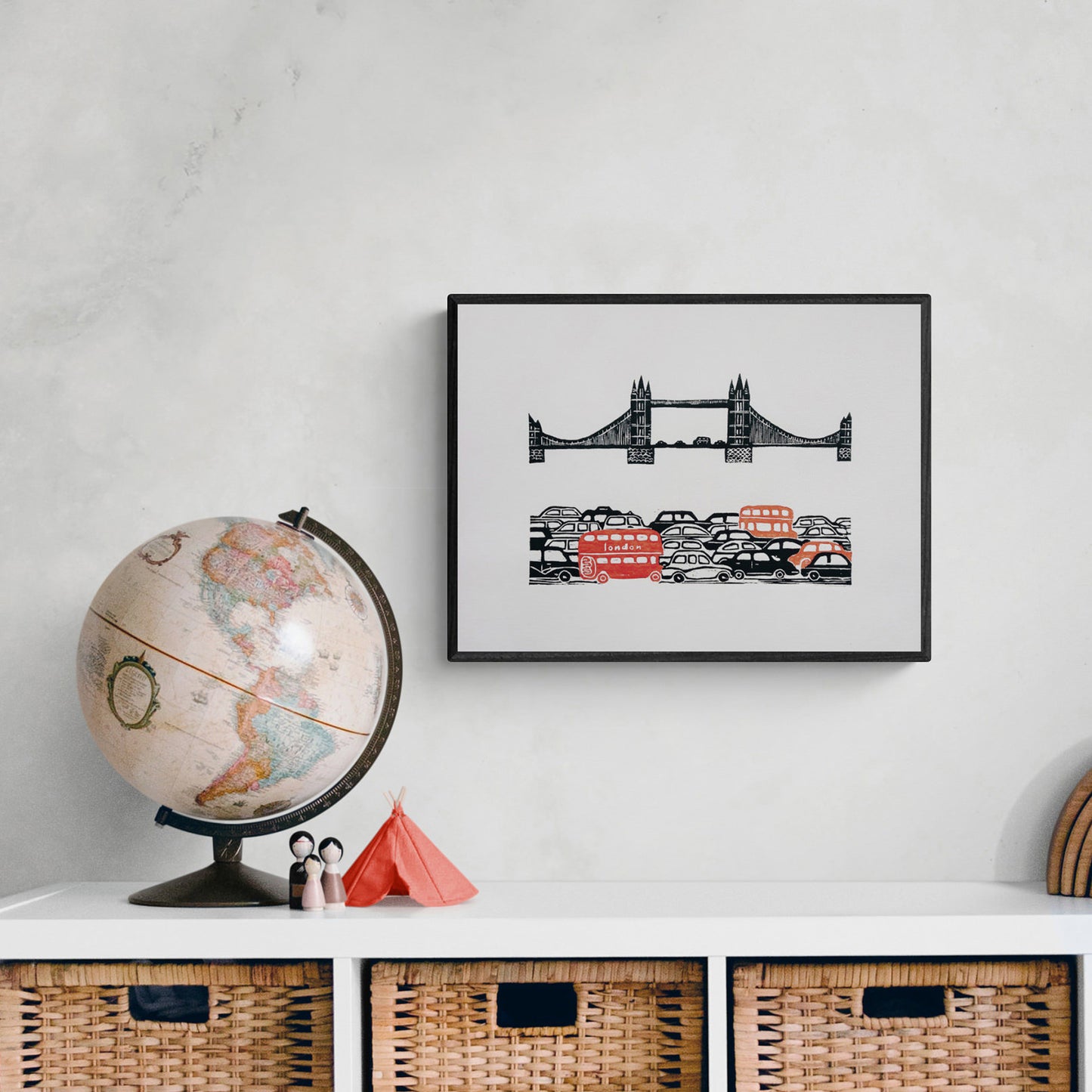 linocut print home office decor england cityscape linogravure nursery dopamine tower London bridge red bus wall art british landmark original artwork urban landscape UK back to school travel gift idea  patriotic relief home office bedroom thankful lover gift lino print printmaking professor teacher handprinted Architecture British Heritage Souvenir Thames River nurcery children kids room decoration entryway