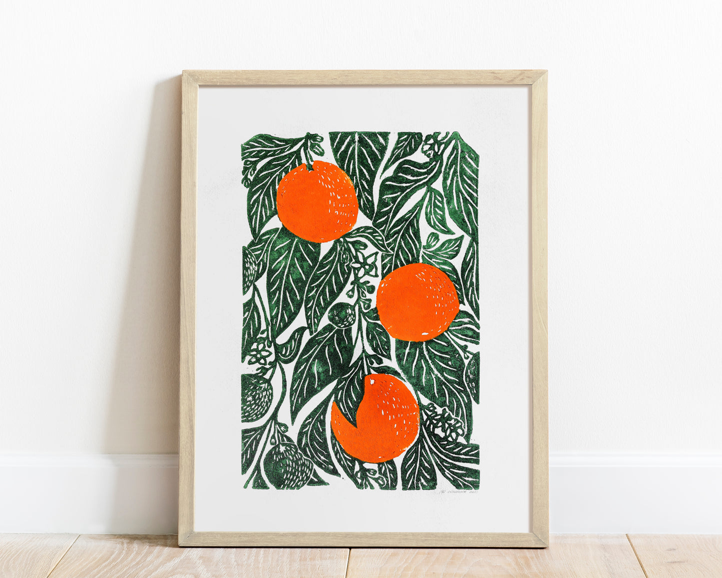 Original linocut print artwork Oranges print Botanical illustration Fruit kitchen wall art and decor