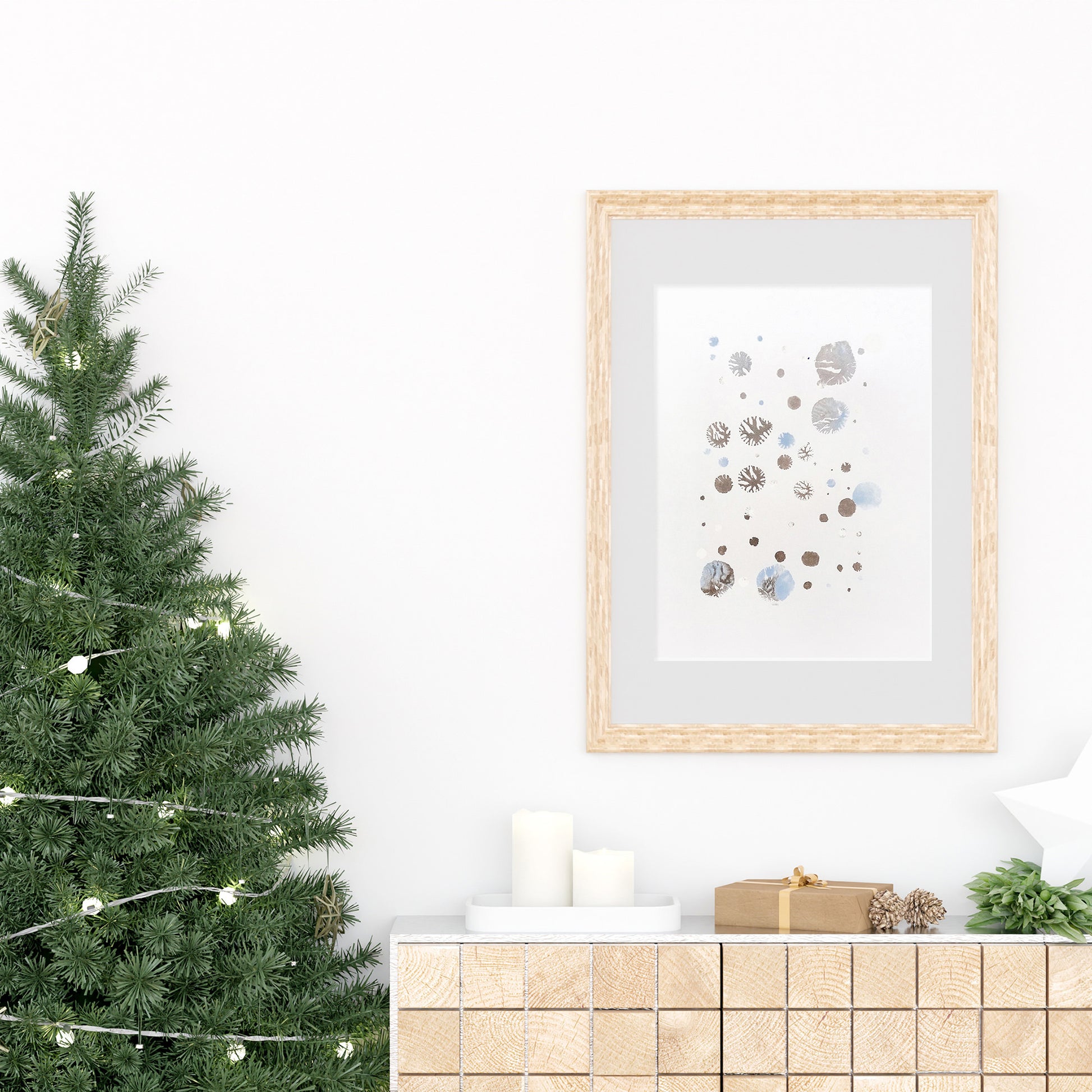 abstract snowflakes monotype print calm holiday winter wall art contemporary rustic christmas bedroom decor scandinavian snow one of a kind monoprint original artwork silver light blue 12x16in living room seasonal printmaking kids entryway unique Minimal Xmas relief texture handprint midimalism dopamine eclectic aesthetic men above bed man cave new apartment contemporary hostess mom mother grandmother godmother for her him boyfriend girlfriend sister daughter bathroom home office decoration