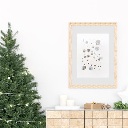 abstract snowflakes monotype print calm holiday winter wall art contemporary rustic christmas bedroom decor scandinavian snow one of a kind monoprint original artwork silver light blue 12x16in living room seasonal printmaking kids entryway unique Minimal Xmas relief texture handprint midimalism dopamine eclectic aesthetic men above bed man cave new apartment contemporary hostess mom mother grandmother godmother for her him boyfriend girlfriend sister daughter bathroom home office decoration