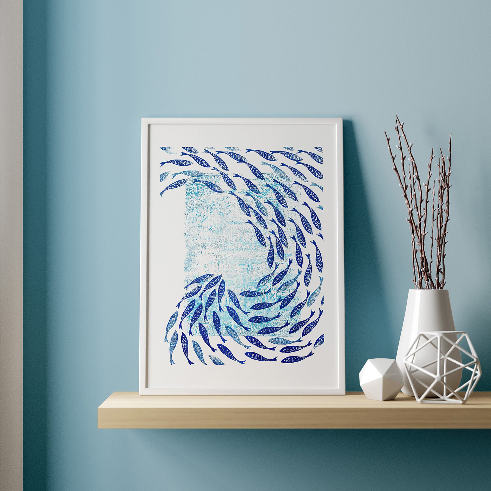 Blue Printable blue mini fish Linocut and monotype prints nautical hampton Maritime living printable wall art, digital poster, digital download, digital product, downloadable art, monotype prints, wall hanging, unique wall art, contemporary art, relief textured, abstract art prints, minimalist wall art, large wall art, moody wall art, trendy wall art, aesthetic wall art, bedroom wall decor, modern kitchen art, dining room decor, bathroom prints, living room wall art, dorm room decor, laundry room decor, men