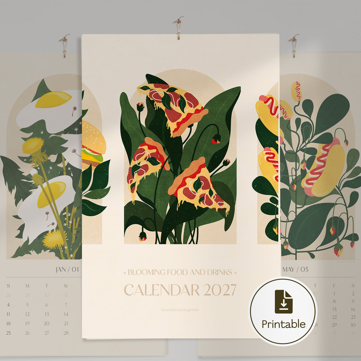 Rainbow printable calendar personalized art floral fast food drink illustration 2027 foodie monthly illustrated calendar 17x11in botanical wall breakfast nook decor digital download modern kitchen home workspace art beige vertical dining room instant download New Year Christmas xmas gift coworker housewarming new homeowner friend home office nature lover large downloadable vintage rustic bedroom aesthetic farmhouse mother grandmother sister self wife women farm cottagecore hostess girlfriend