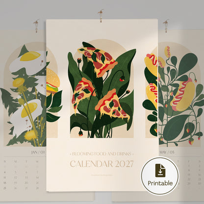 Rainbow printable calendar personalized art floral fast food drink illustration 2027 foodie monthly illustrated calendar 17x11in botanical wall breakfast nook decor digital download modern kitchen home workspace art beige vertical dining room instant download New Year Christmas xmas gift coworker housewarming new homeowner friend home office nature lover large downloadable vintage rustic bedroom aesthetic farmhouse mother grandmother sister self wife women farm cottagecore hostess girlfriend
