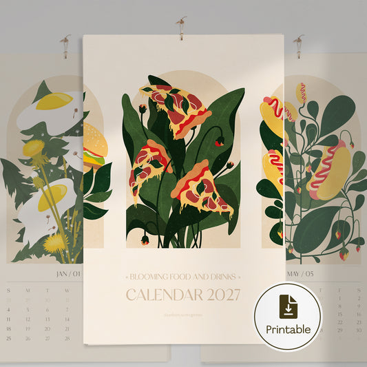 Rainbow printable calendar personalized art floral fast food drink illustration 2027 foodie monthly illustrated calendar 17x11in botanical wall breakfast nook decor digital download modern kitchen home workspace art beige vertical dining room instant download New Year Christmas xmas gift coworker housewarming new homeowner friend home office nature lover large downloadable vintage rustic bedroom aesthetic farmhouse mother grandmother sister self wife women farm cottagecore hostess girlfriend