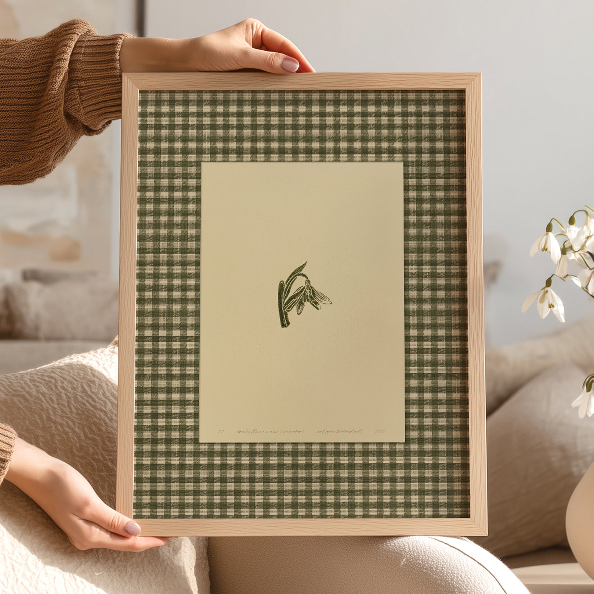 Printable Sage Green Gingham Snowdrop Flower Linocut Prints Retro Chateaucore Checkered Wall Art Romantic Decor Digital Poster winter 
european vintage, french countryside, scandinavian folk art, nordic nature illustration, herbal alchemy botanical art, old european domestic still life art hearth and home, cottagecore wall art, cottage core, Botanical wall art, Botanical print, bookshelf decor, Bedroom wall art, aunt gift, Aesthetic wall art