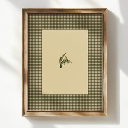 Trendy beige printable wall art sage green color gingham snowdrop flower large linocut retro cottagecore chateaucore checkered decor fireplace romantic nature digital poster floral lino prints rustic linogravure vintage botanical monoprints grand millennial kitchen monochrome mom gift living room antique illustration dining hostess table earth tones downloadable bedroom instant download home office housewarming farmhouse mother grandmother sister self wife women girlfriend Entryway reading nook