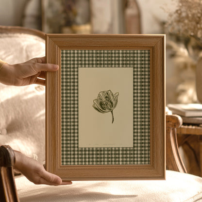 Retro Printable Sage Green Gingham Tulip Flower Linocut Prints Cottagecore Chateaucore Checkered Wall Art Powder Room Decor Digital Poster 
 girlfriend gift, gift for the home, coquette room decor, gift for best friend female, engraving, etching, woodcut style, hand printed,traditional printmaking, Engraving, ACADEMIC / INTELLECTUAL AESTHETICS, light academia, classical, literary vintage book illustration, moody, quiet luxury art, soft neutral, slow living 