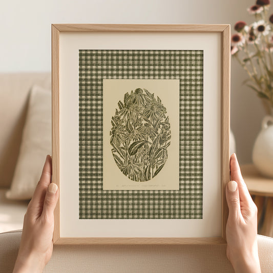 Earth tones printable wall art gingham echinacea purpurea flower lino sage green color large linocut prints retro cottagecore checkered light academia farm foyer decor digital poster floral linogravure relief monochrome Beige master bedroom reading nook rustic grand millennial modern kitchen mom gift living room antique illustration plant dining chateaucore hostess downloadable instant download home office laundry farmhouse mother grandmother sister self wife women girlfriend Entryway breakfast