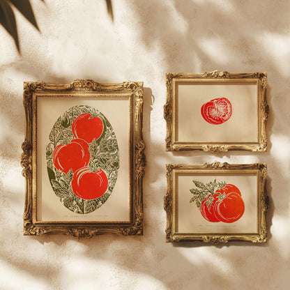 Red sage green vintage cottagecore tomatoes berry farmhouse kitchen nature linocut print mini gallery wall set of 3 piece dining room decor botanical retro lino original artwork berries slice quiet luxury rustic linogravure 
wall hanging, Vintage unique trendy wall art, thank you gift boss, teacher appreciation gift, Summer wall art, primary bedroom, sister in law gift, shelf decor, self gift, rustic, retirement gift, Relief print, realtor closing gift
